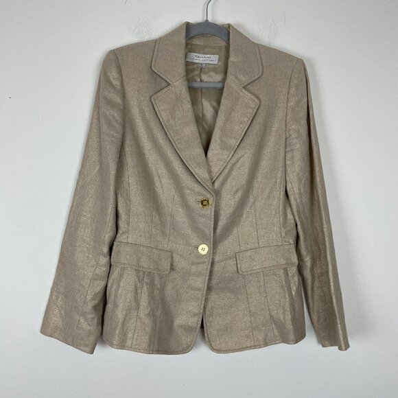 Tahari Arthur Levine Tan Gold Metallic Double Button Blazer Size 8 - Picture 1 of 6